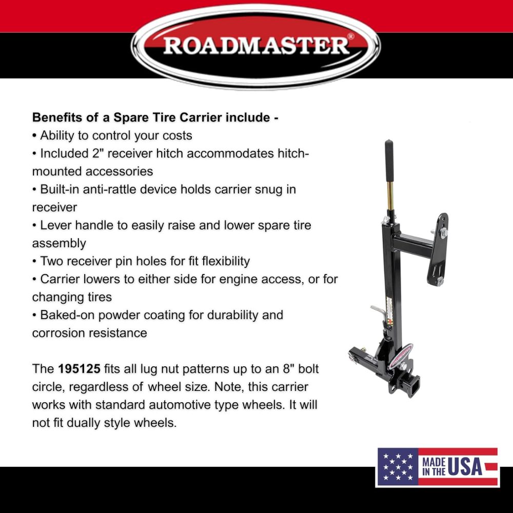Roadmaster 195125 Spare Tire Carrier with 2" Drop fits Truck/Van/SUV 2" Receiver | Fits Wheels with a Lug Nut Bolt Circle Up to 8" | 6,000 lbs Maximum Capacity - Image 6