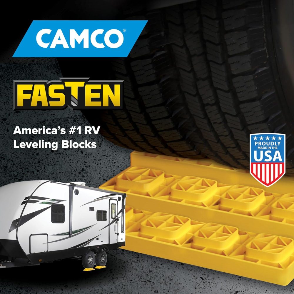 Camco Fasten Camper/RV Leveling Blocks - Features Interlocking Design for Customizable Height - Carrying Handle Twists to Secure Blocks for RV Storage - 17” x 8.5” x 1”, Yellow, 10-Pack (21023) - Image 4