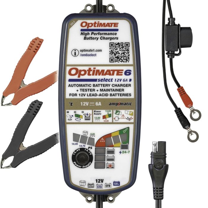 Optimate 6 Select - 12V 6A, High Performance Automotive Battery Charger & maintainer for premium AGM, Deep-Cycle and Motorcycle Batteries