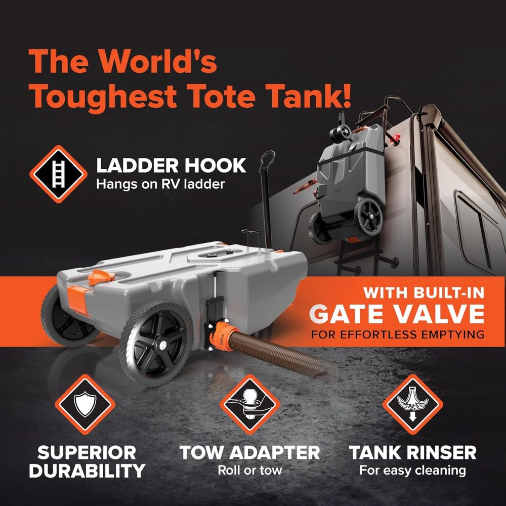 Camco Rhino 28-Gallon Portable Camper/RV Tote Tank | Features 2 Steerable No-Flat Front Wheels & Built-In Gate Valve | Includes Removable 24" Tow Bar, 3’ Sewer Hose & More RV Accessories - Image 3
