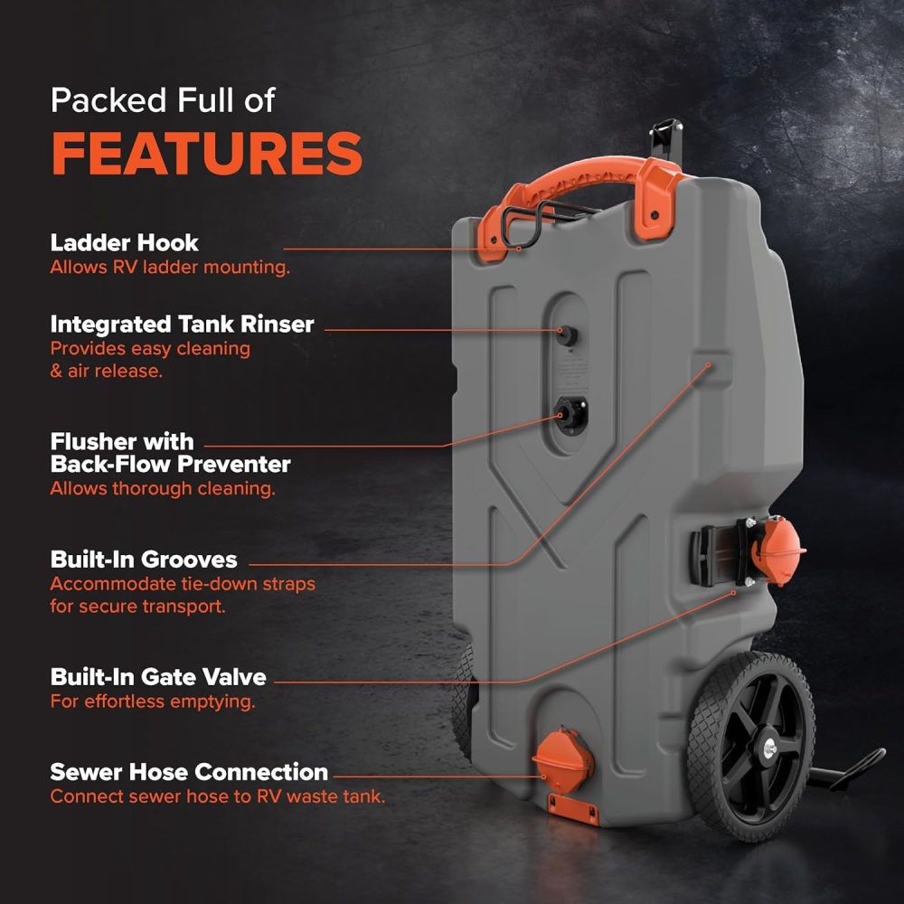 Camco Rhino 28-Gallon Portable Camper/RV Tote Tank | Features 2 Steerable No-Flat Front Wheels & Built-In Gate Valve | Includes Removable 24" Tow Bar, 3’ Sewer Hose & More RV Accessories - Image 2