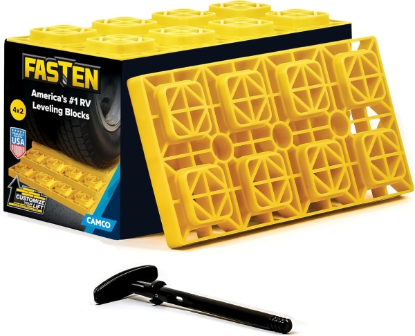 Camco Fasten Camper/RV Leveling Blocks - Features Interlocking Design for Customizable Height - Carrying Handle Twists to Secure Blocks for RV Storage - 17” x 8.5” x 1”, Yellow, 10-Pack (21023)