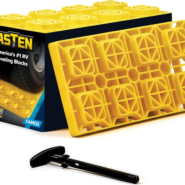 Camco Fasten Camper/RV Leveling Blocks - Features Interlocking Design for Customizable Height - Carrying Handle Twists to Secure Blocks for RV Storage - 17” x 8.5” x 1”, Yellow, 10-Pack (21023)