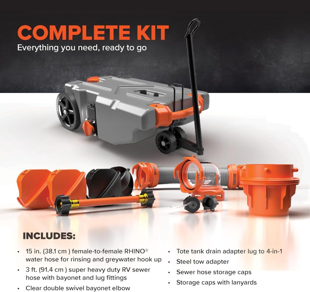 Camco Rhino 36-Gallon Portable RV Tote Tank - Features 2 Steerable No-Flat Front Wheels & Built-in Gate Valve - Includes Removable 24" Tow Bar, 3’ Sewer Hose & More RV Accessories - Image 3