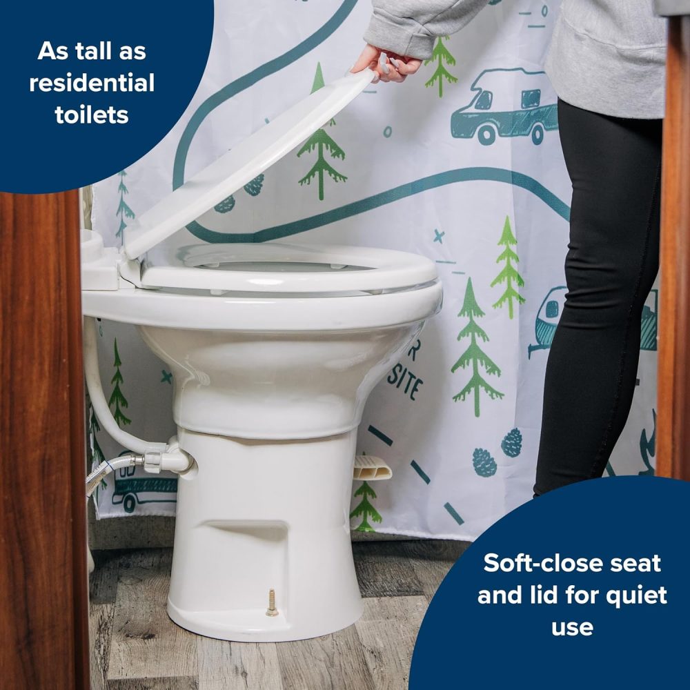 Camco Premium Ceramic Camper/RV Toilet - Features Gravity Flush System w/Convenient Foot Pedal - Full-Sized Ergonomic Design w/18" Chair Height - Soft-Close Wood Seat & Lid - White - Image 3