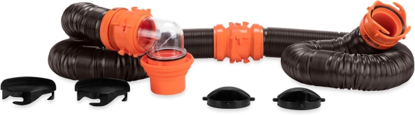 Camco RhinoFLEX 20-Ft Camper/RV Sewer Hose Kit - Features Clear Elbow Fitting w/Removable 4-in-1 Adapter - Connects to 3” Slip or 3”/3.5”/4” NPT Threaded Sewer Connection (39741)