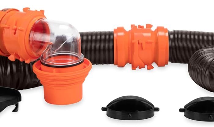 Camco RhinoFLEX 20-Ft Camper/RV Sewer Hose Kit - Features Clear Elbow Fitting w/Removable 4-in-1 Adapter - Connects to 3” Slip or 3”/3.5”/4” NPT Threaded Sewer Connection (39741)