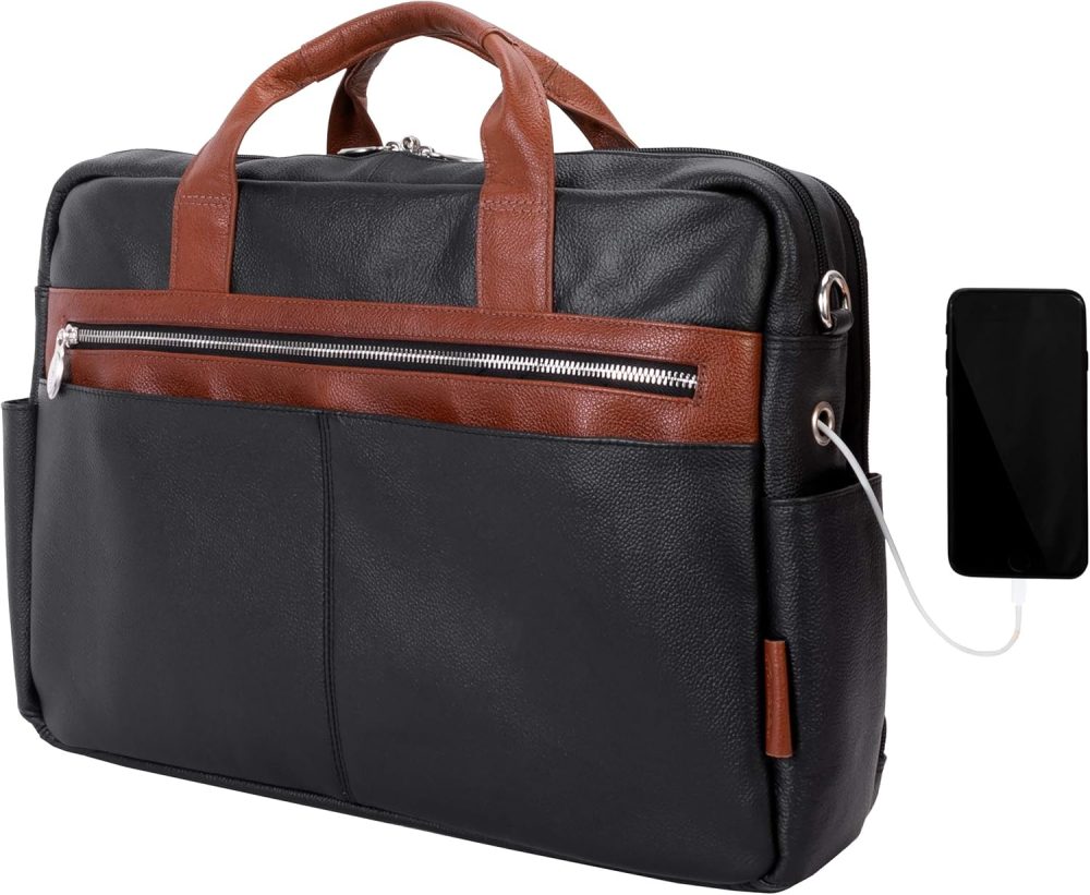 Mcklein Southport 17” Leather Two-Tone Laptop Briefcase Black - Image 3