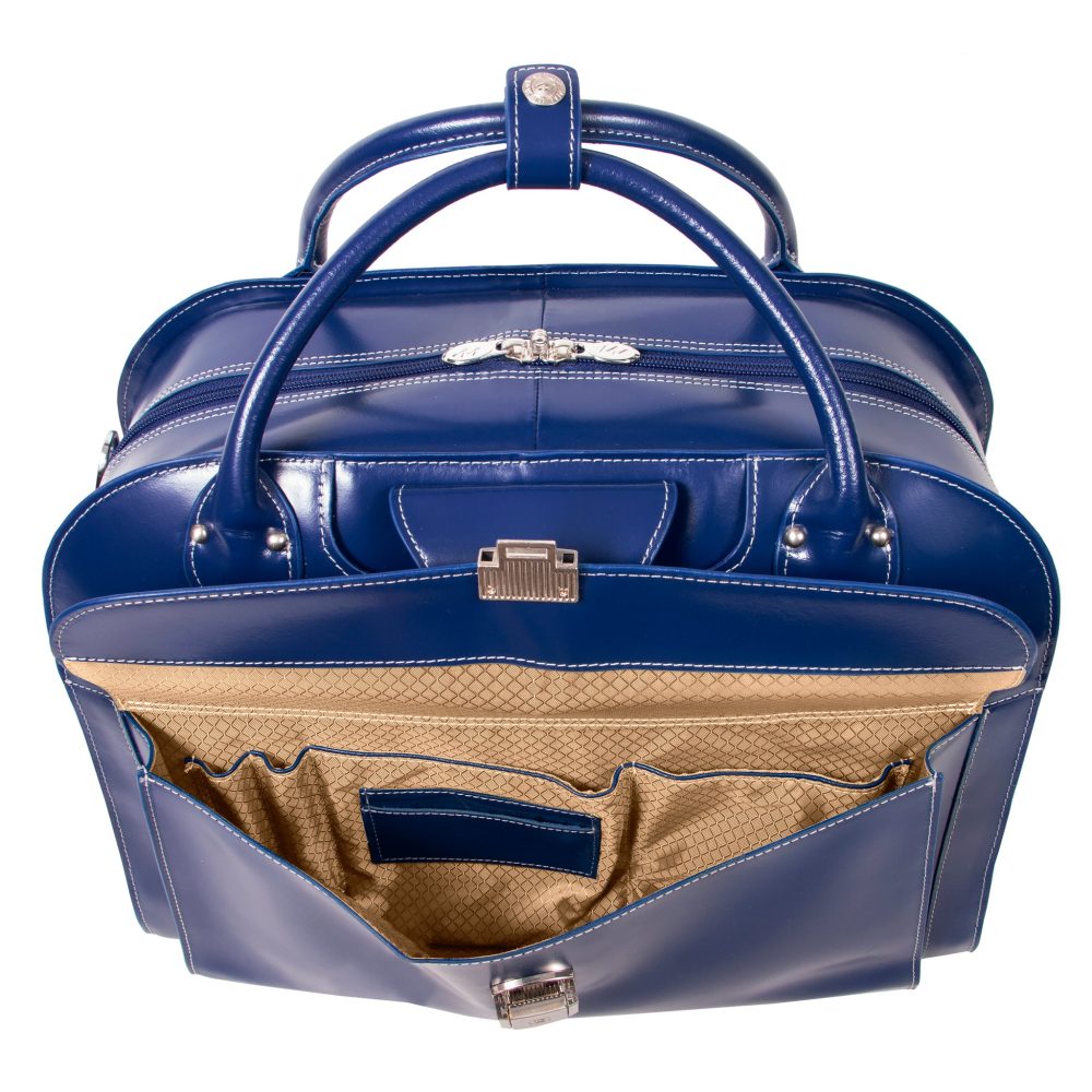 Mcklein Roseville 15” Leather Detachable-Wheeled Laptop Case Navy - Image 5